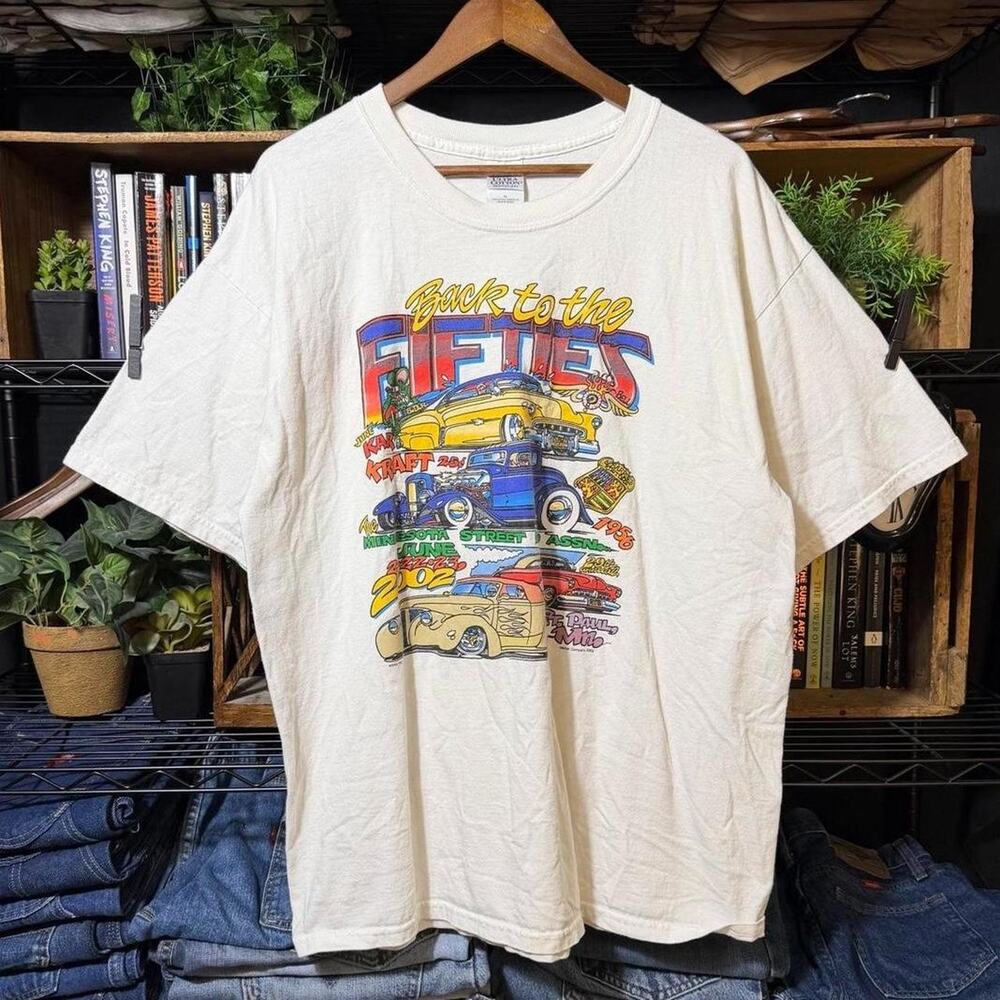 Vintage Y2K Back to the Fifties Car Show Tee Shirt Men XL Gray Colorful Cartoons